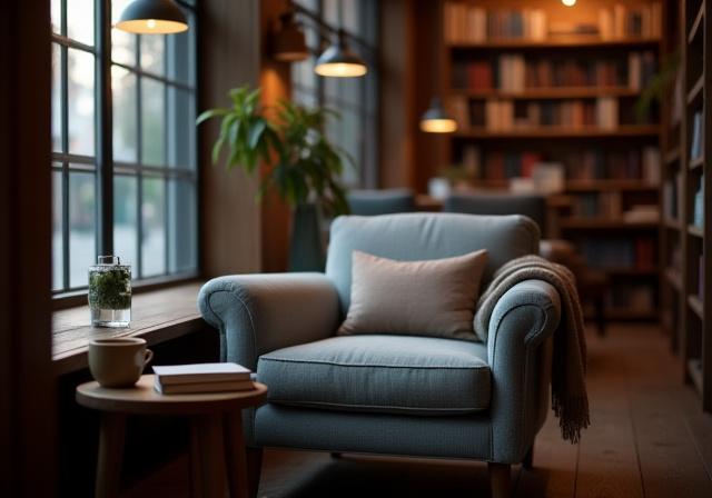 A comfortable armchair in a quiet corner of the bookstore, next to a window.