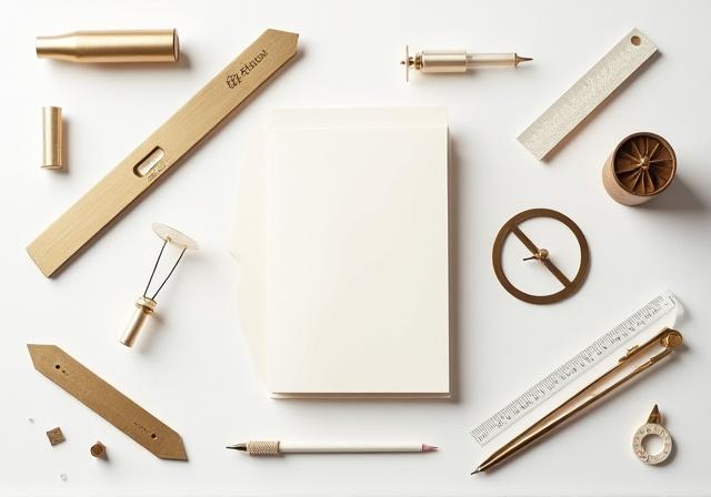 A display of geometric stationery and mathematical tools.